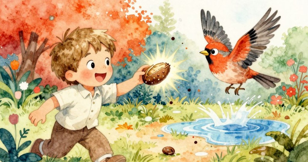 布里奇驚喜凝視種子荚綻放瞬間，母鳥掠過水坑，細小花粉與碎片在晨光中飛舞，充滿動感。