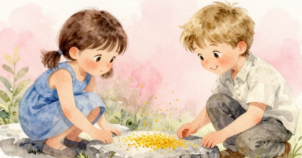 布里奇與歐娜在石旁共同欣賞花粉飄舞，清晨涼風輕撫臉龐，內心滿懷驚喜與溫馨情懷。