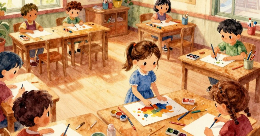 莉奧拉在熱鬧教室中觀察閃亮的濕漆筆觸，周圍散落著紙張與工具，氛圍充滿創意與溫暖光影。