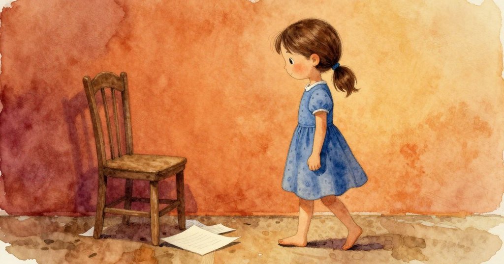 莉奧拉緩步穿過堆疊紙張的教室地板，專注的腳步在柔和光影下顯現出細膩韻律。