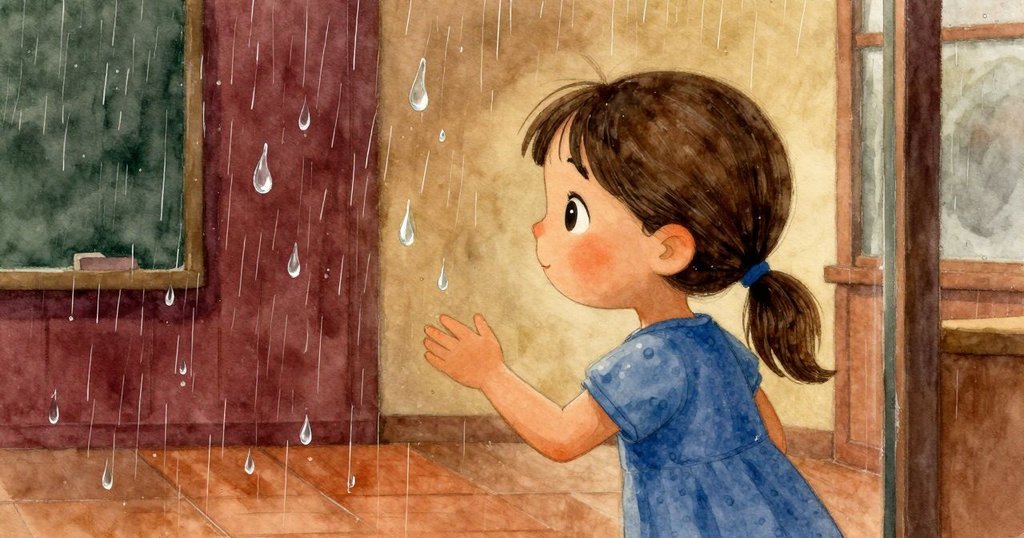 雨滴在窗玻璃上滑落並互相融合，反射出教室和莉奧拉的模糊影像，形成神秘而柔美的水漣。