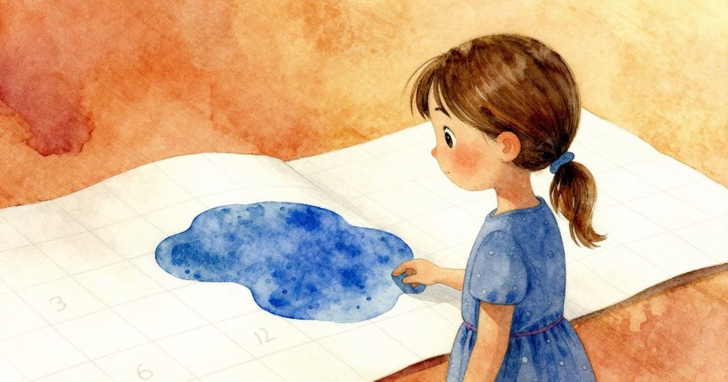 藍色漆塊在數字格上形成小島，旁邊紙疊微微側滑，露出隱藏的藝術之美，充滿神秘氣息。