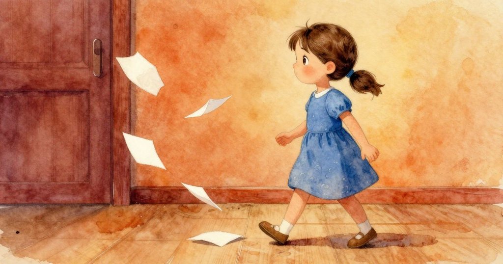 莉奧拉臉上露出思考神情，專注地避開飄動的紙張，表現出溫柔堅定的掙扎，場景充滿細膩光影。