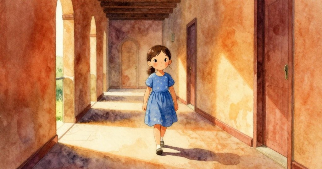 莉奧拉走進明亮走廊，背景中教室藝術混亂逐漸遠去，溫暖陽光灑下，場景展現寧靜與希望。