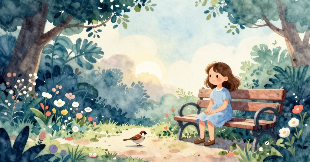 娜迪婭坐在長凳上，鳥兒在小徑上跳躍，晨光柔和勾勒輪廓，展現自然清新的開端