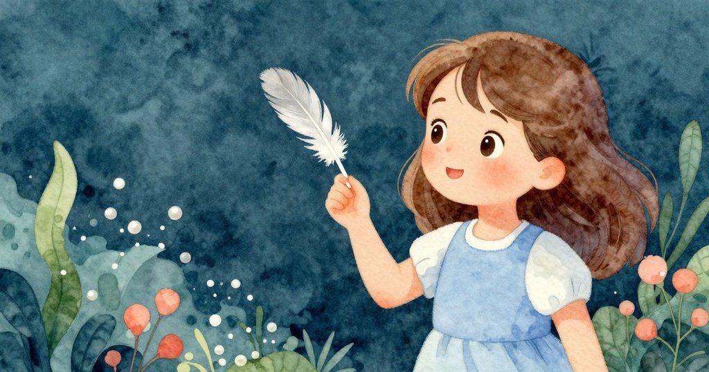 娜迪婭的袖子上落下一根細羽，她輕輕搖動手指，呈現對自然細微美感的驚奇探索