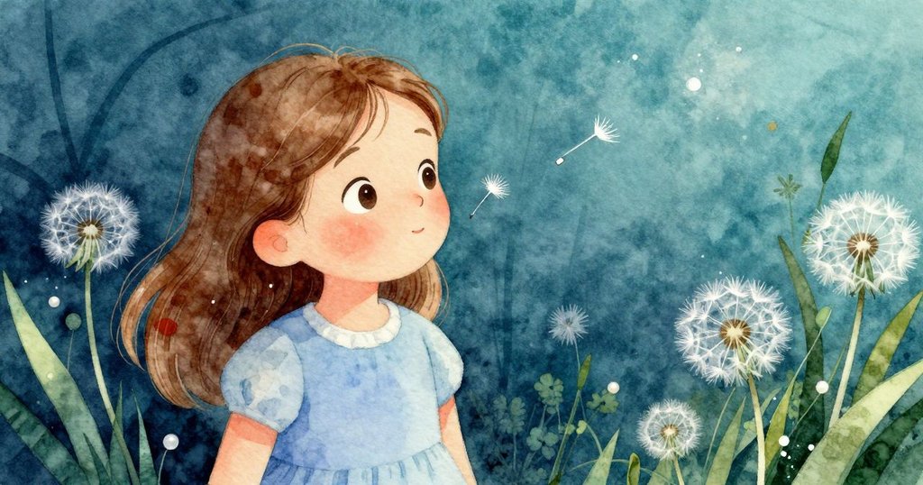 從上方俯瞰，蒲公英種子輕觸娜迪婭的鼻尖，她神情平靜，展現大自然中微妙的魔法時刻