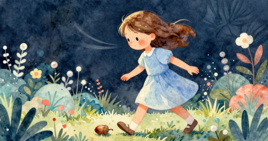 娜迪婭感受溫暖微風吹拂臉頰，頭髮隨風飄動，橡實輕輕滾向鞋邊，呈現充滿活力的戶外景象