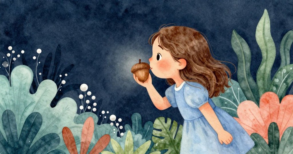 娜迪婭輕輕彎身對滾動的橡實耳語問候，臉上帶著溫柔的微笑，在庭園中傳遞出真摯情感