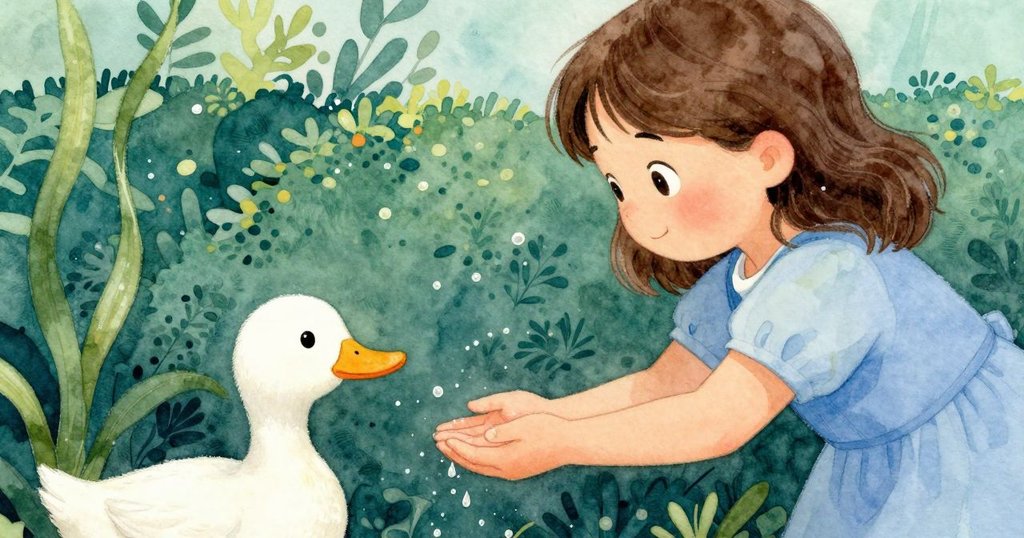 娜迪婭手上接住從樹葉落下的一滴涼水，她露出驚喜神情，樹籬後鴨子鳴叫，展現自然微妙交流