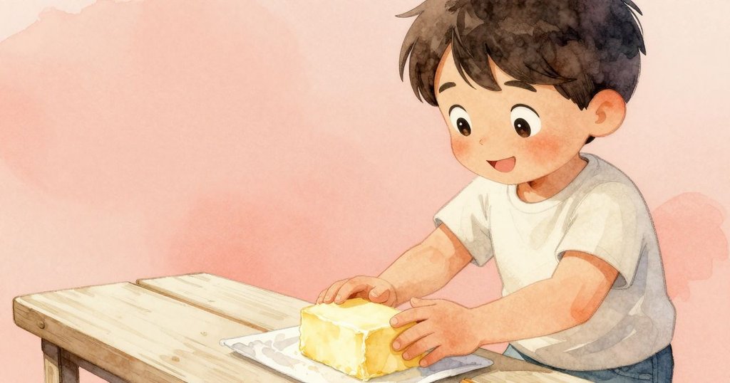 Xavier 小手輕觸窗邊軟化的黃油，鹽粒在金屬盤上閃爍，溫暖光線照射下動作細膩