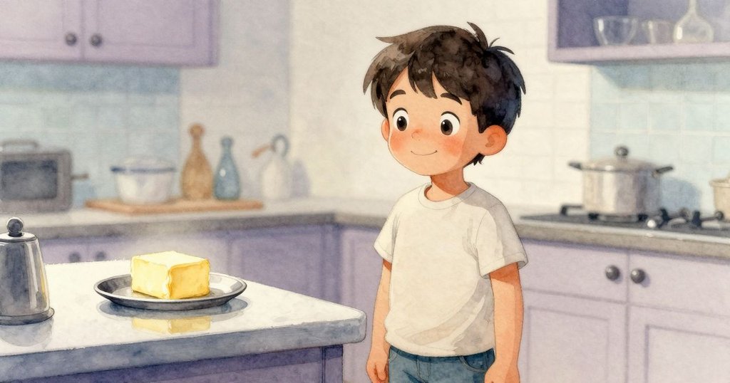 Xavier 轉向回望窗邊黃油，金屬盤中反射柔和光線，旁邊肥皂泡沫堆成小城堡，充滿奇思