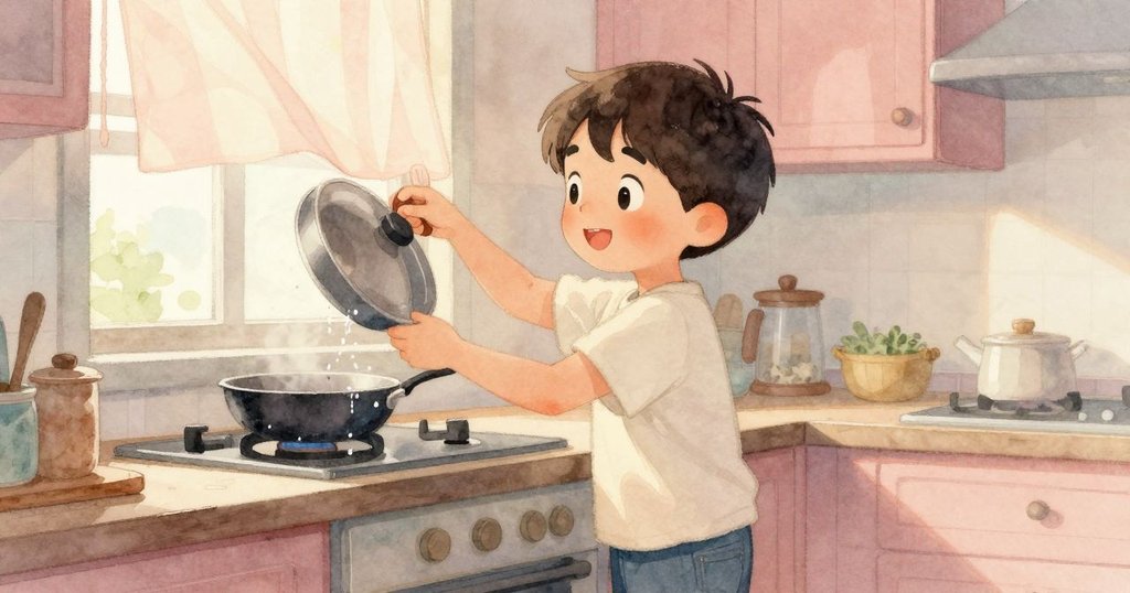 廚房內窗簾輕揚，銀鍋中水滴輕落，Xavier靜觀時間流逝，場景柔和而平靜