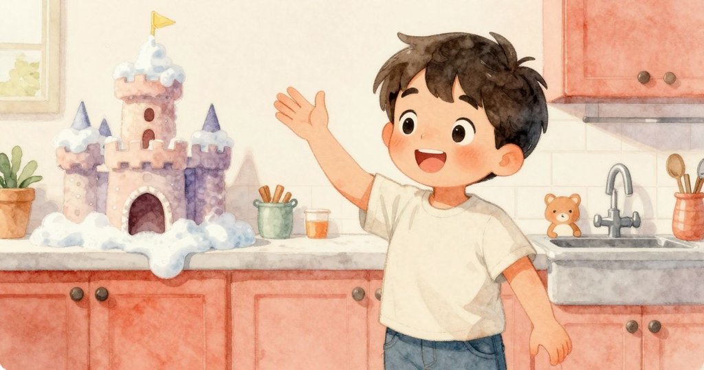 Xavier 與小動物圍繞著泡沫城堡，愉快慶祝，廚房充滿明亮溫暖光線與歡樂互動