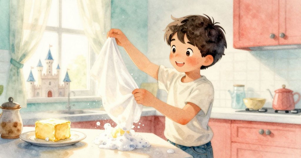 Xavier 靜謐凝望轉變中的廚房，黃油、泡沫和飄揚窗簾蘊含柔和魔力，象徵新開始的寓意