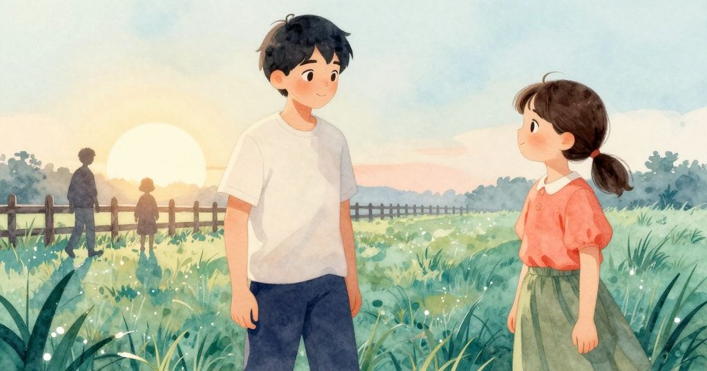 敘述者與Daphne剪影立於晨曦中，露珠閃爍的草地和木柵欄構成溫暖自然的早晨畫面。