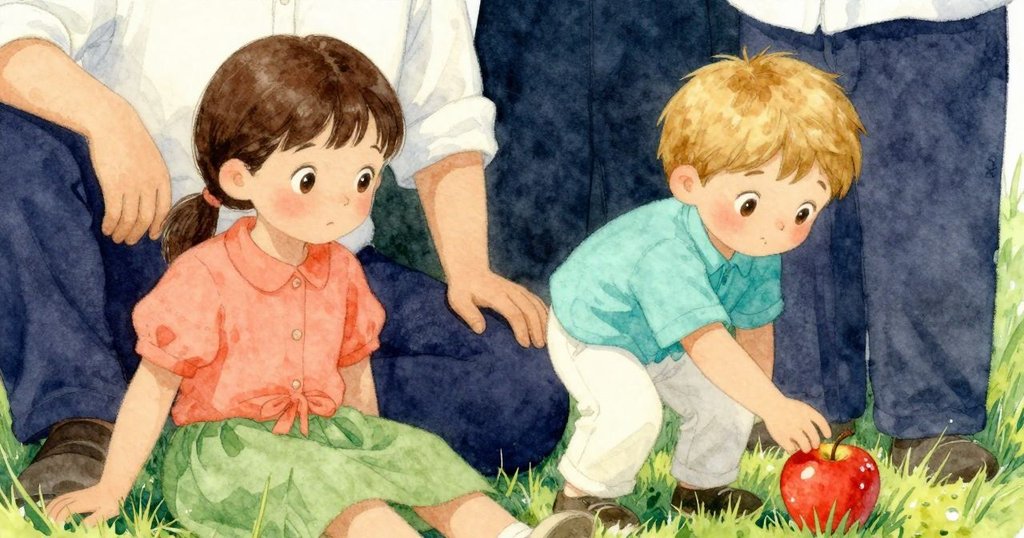 敘述者伸出手接觸紅蘋果，雞隻在輕啄蘋果，展現充滿活力的戶外互動場景。