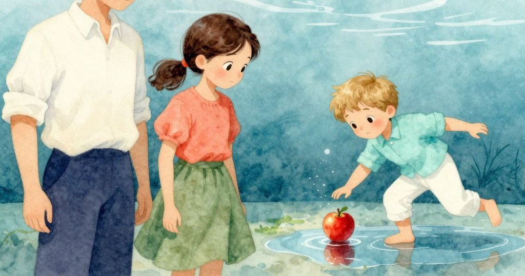 蘋果滑過水灑，水中倒影呈現其光滑皮膚，淺水中自然光的折射展開靜謐故事。