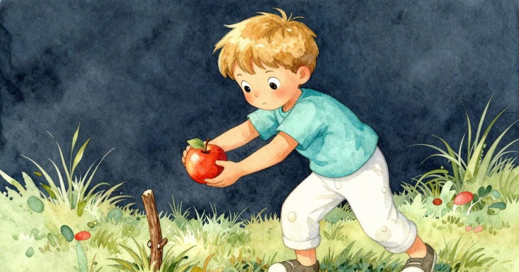 Troy專注抬起紅蘋果，雞隻悠然後退，敘述者手持棍子前行，呈現戶外堅定與挑戰氣息。