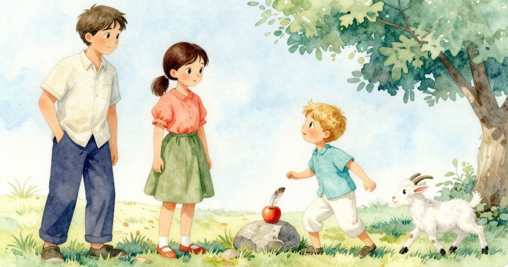 蘋果穩停石上散發光澤，羽毛輕落，山羊仔走向陰涼區，結局寓意深遠且詩意盎然。