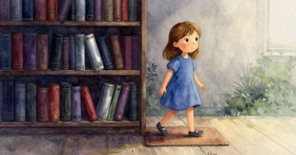 小女孩在晨霧中踏上地墊，柔和光線灑在周圍，背景有書架與綠色山丘，充滿期待與探索的情緒