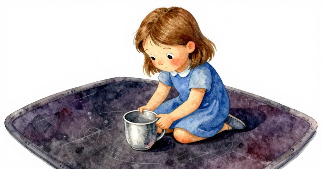 小女孩凝視杯旁地墊上細小水痕，專注表情映出柔和雨景，細膩特寫展現發現的驚喜