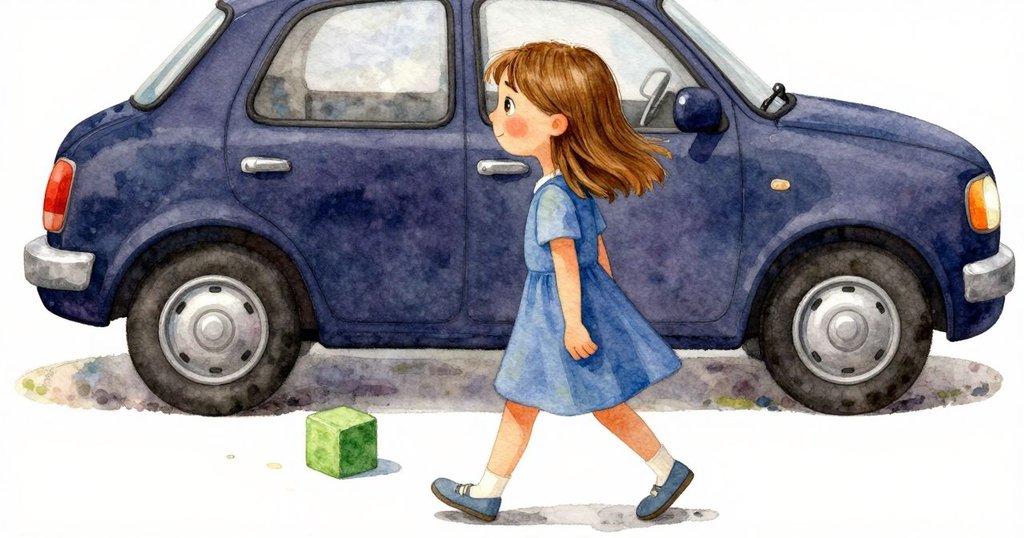 從背後觀察小女孩前行，前方滑行的小車和彩繪積木映入眼簾，綠丘作為背景，呈現活力與溫暖