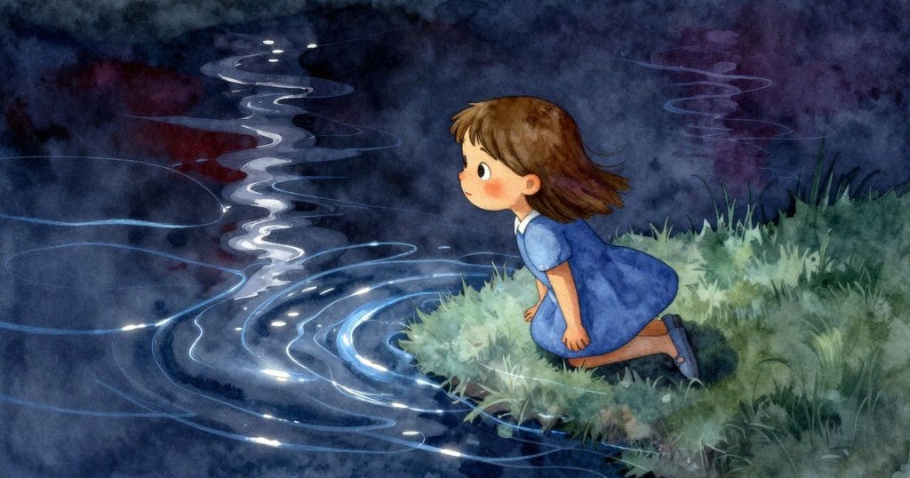 小女孩凝視藍色光線彷彿流水的現象，透過半透明視角呈現水下夢幻感，光影交錯中流露驚奇