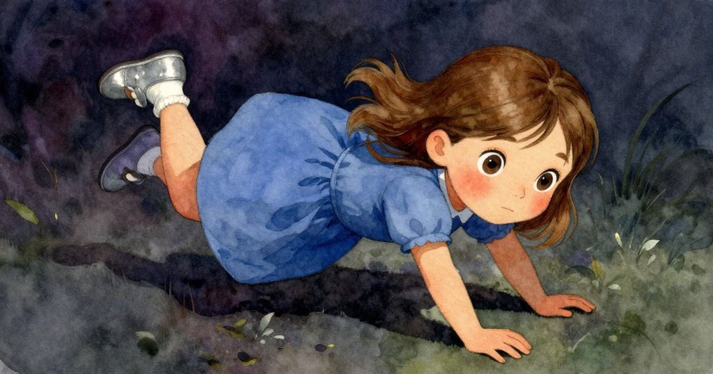 小女孩在平滑地面上腳步打滑，表情略顯緊張且堅定，伸手試圖穩定自己，捕捉到瞬間的努力與挑戰