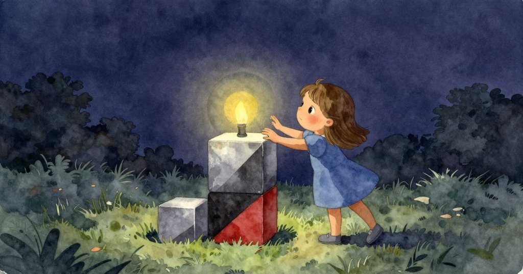 小女孩站在彩繪積木旁，旁邊陀螺輕輕旋轉發出嗡鳴，柔和光影中呈現重逢與和諧，故事結局充滿溫暖