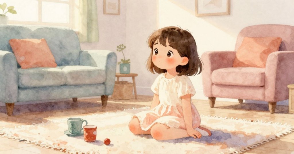 小女孩坐在地毯上閱讀，柔和晨光灑落室內，背景中有微笑男子在走廊，整體充滿寧靜溫馨感