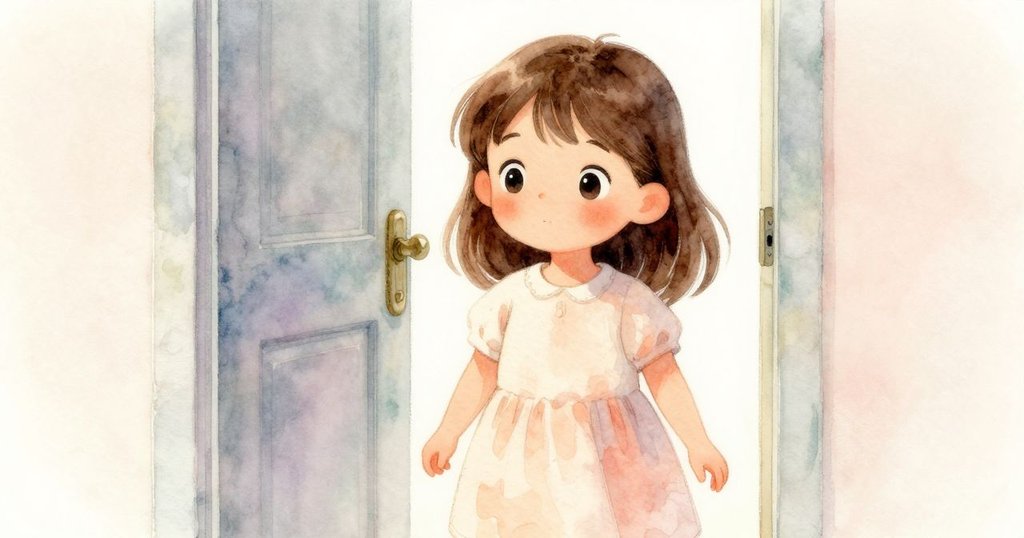 小女孩面帶好奇和堅定表情走向門口，背景中有低櫃，室內光線柔和，溫馨感十足