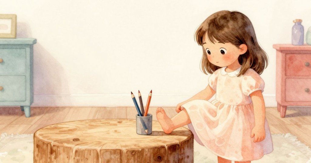 小女孩小心跨過放有鉛筆的圓形木塊，畫面分割展示物品細節與動作，充滿探索與謹慎氛圍