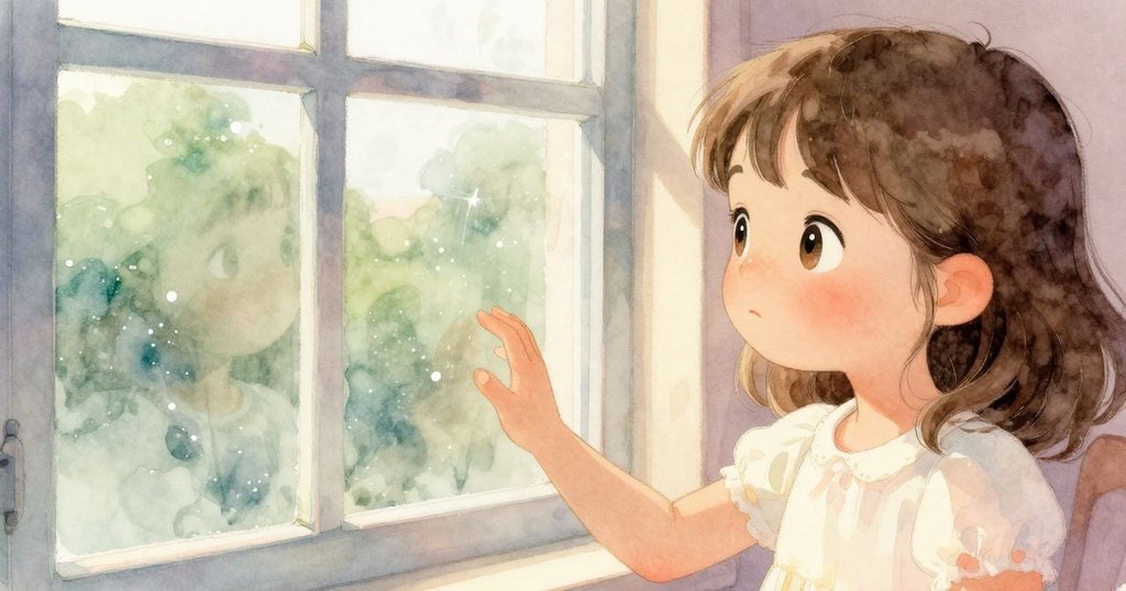 小女孩伸手觸碰涼爽窗戶，窗邊灰塵如水晶閃爍，外面綠色山丘靜謐映入，場景夢幻寧靜