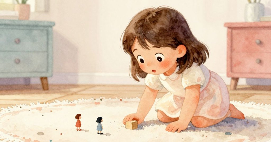 小女孩彎腰仔細查看地毯上帶有人形痕跡的小積木，周遭散落著棉絮，眼神中透出驚喜與好奇