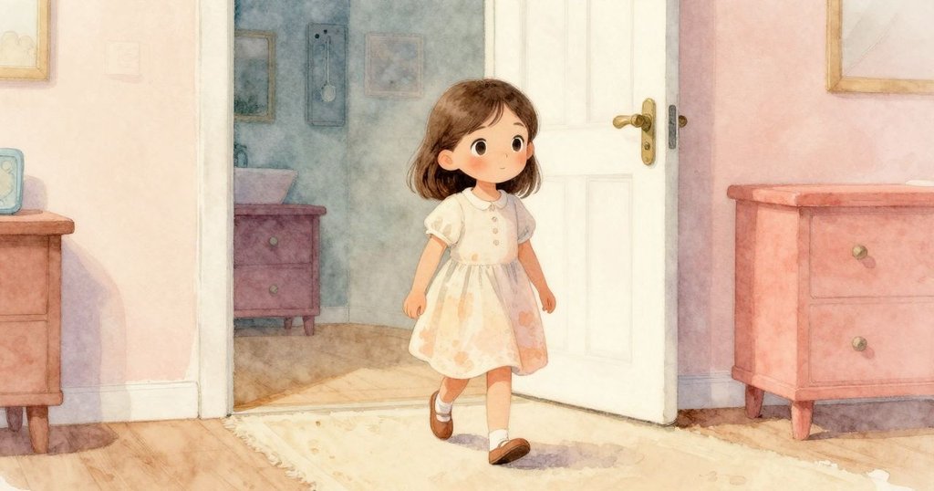 小女孩站在充滿溫暖晨光的房間中離開，柔和腳步在地毯上淡淡消逝，散發著告別卻寧靜的情懷