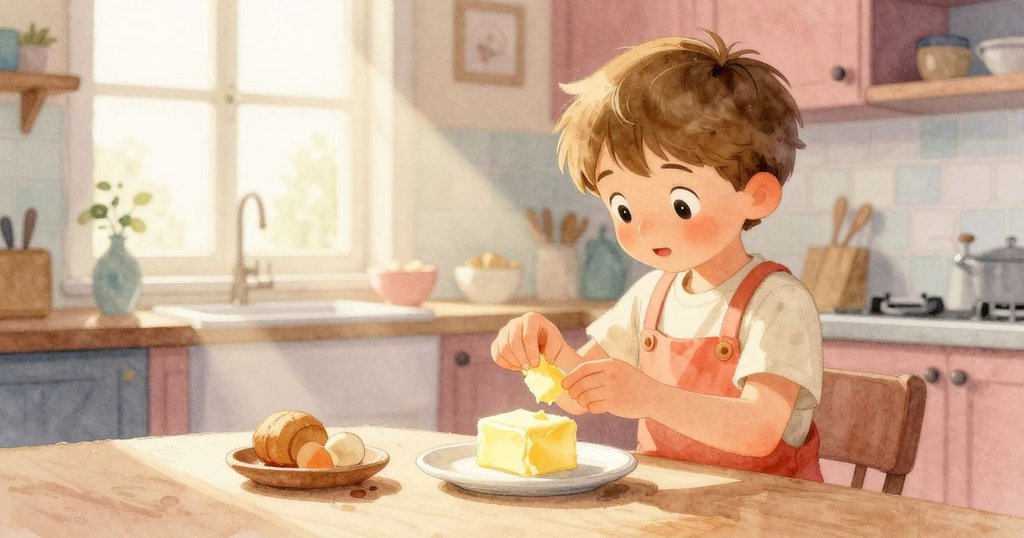 伊蒙在明亮溫暖的廚房中，好奇地觀察盤中逐漸下沉的奶油，周圍有布袋、蘋果與玩具兔，情景熱鬧。