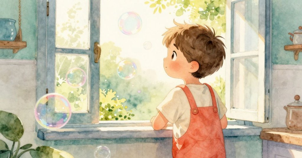 伊蒙透過半敞窗戶望向陽光下飄舞彩虹泡泡，室內外景交融，表情充滿好奇。