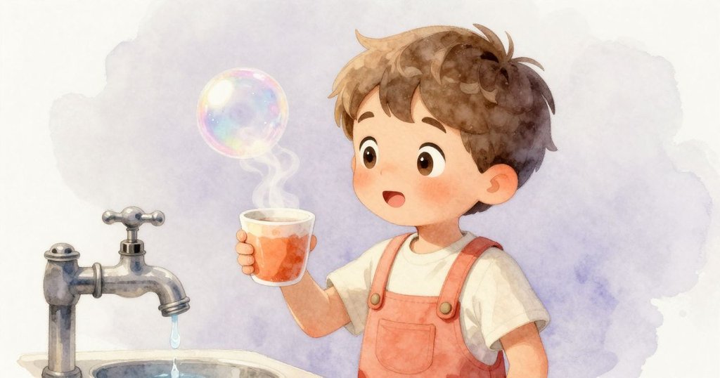 伊蒙靜觀冒煙杯邊彩虹光芒氣泡與金屬水龍頭滴水，場景夢幻溫暖，充滿細膩氛圍。