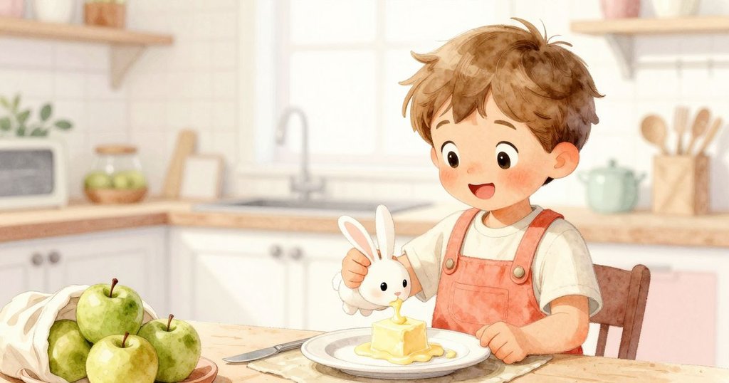 伊蒙抱著玩具兔歡樂共賞盤中文化奶油舒展，綠蘋果與布袋佈置廚房，洋溢慶祝與溫馨氛圍。