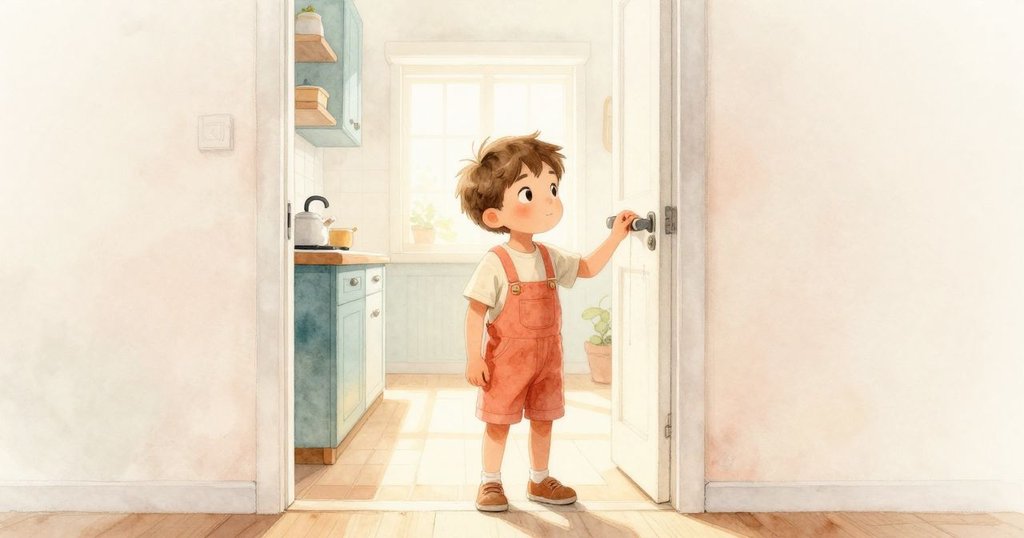 伊蒙站在敞開廚房門前，凝視通向明亮走廊的新開始，水龍頭滴水象徵著希望與轉變。