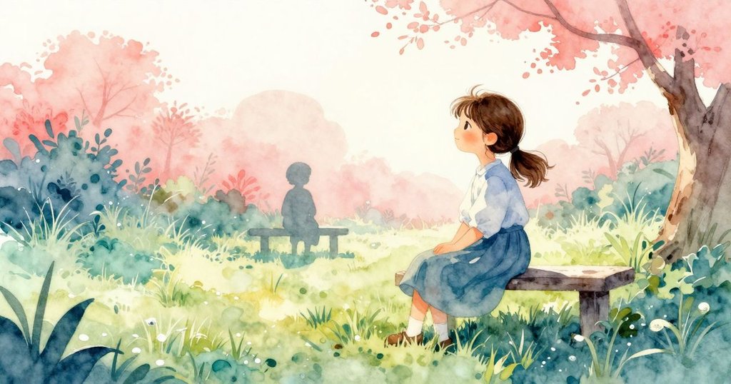 伊芙坐在公園長椅上, 其輪廓在暖晨光中顯現, 草地濕潤, 氣氛寧靜, 輪廓清晰展現早晨美景