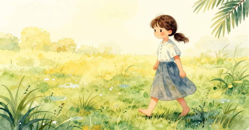 伊芙輕步走過露水草地, 鮮明腳印印在濕潤地面, 附近水坑映出光影, 氣氛溫柔且充滿探索感