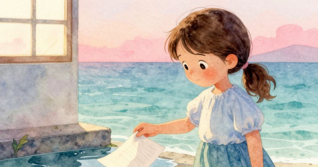 伊芙透過花園窗戶觀察, 發現小台階旁有一頁紙微微掀起, 好奇目光流露, 陽光柔和灑落細節清晰