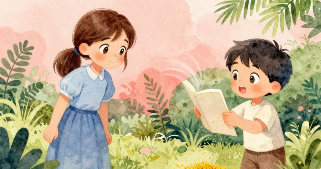 微風吹過, 黃色花粉輕落在展開草圖上, 金色滲透紙面, 大自然魔法般變化呈現, 場景生動而溫暖