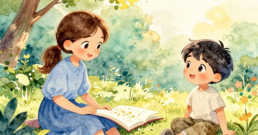 伊芙與弟弟一起欣賞草圖, 弟弟驚喜指著紙上金點, 兩人面露喜悅, 陽光普照自然花園中