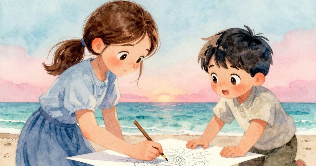 伊芙與弟弟並肩觀看, 手輕碰草圖, 小墨點滑動間呈現魔法般轉化, 燦爛金點最終匯聚, 氛圍柔和