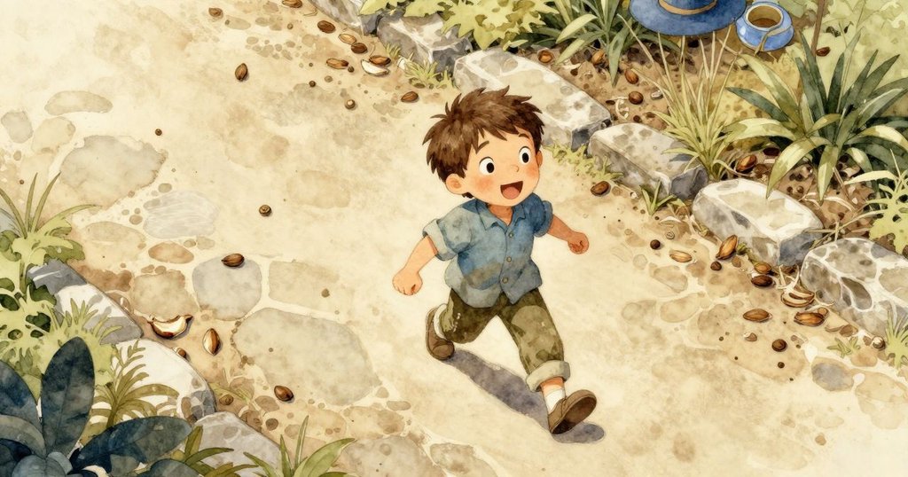 山姆站在石徑上，周圍散落著乾燥種莢，藍帽安靜臥於花園中，鳥瞰視角展現冒險起始。