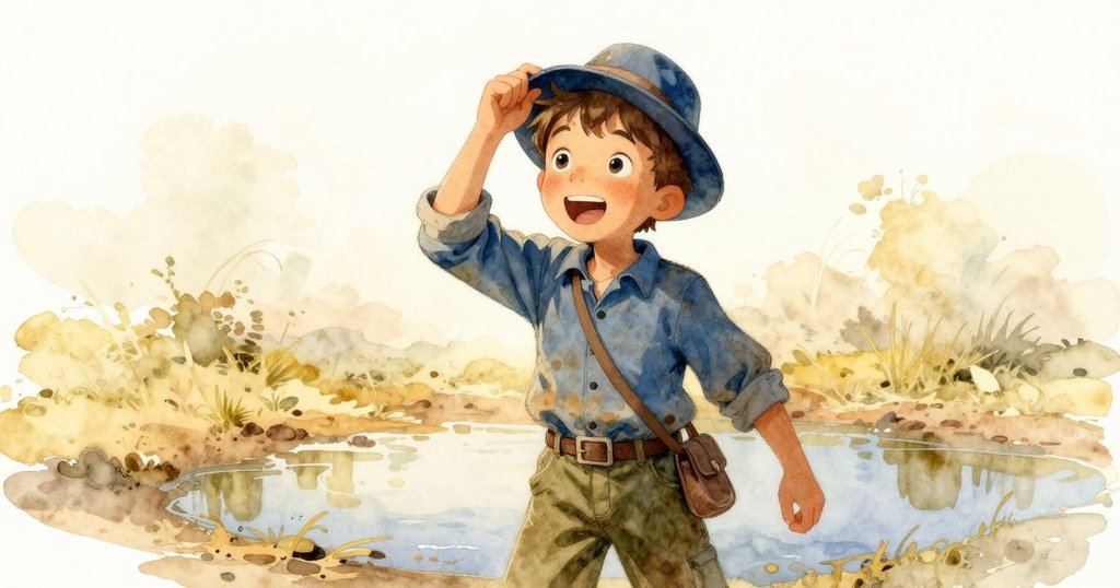 山姆舉起藍帽，微風輕拂下帽子正緩緩上升，水中倒影隨之蕩漾，展現出動靜結合的美。