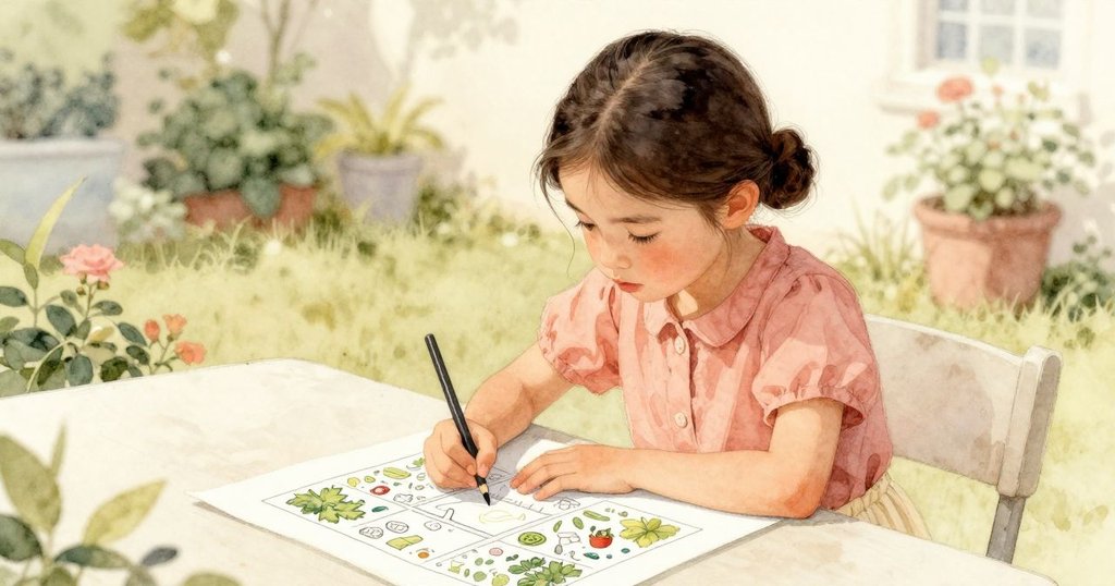 從高處視角看，溫達專注於桌上作圖，背景露出石徑與綠意，神情中流露出期待與創意。